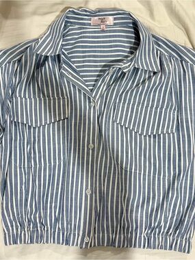 Blue Stripe Button-Front Dizzy Lizzy Crop Shirt
